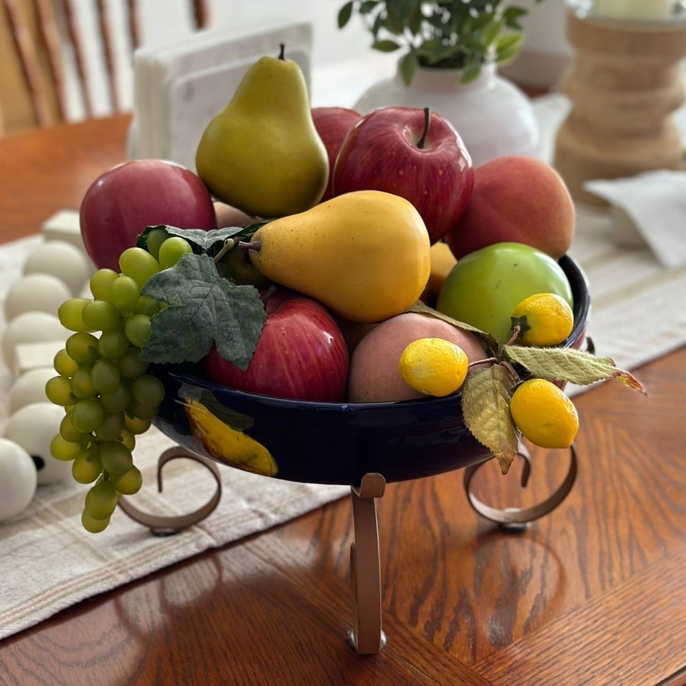Vintage hand painted mexican bowl and base with faux fruit